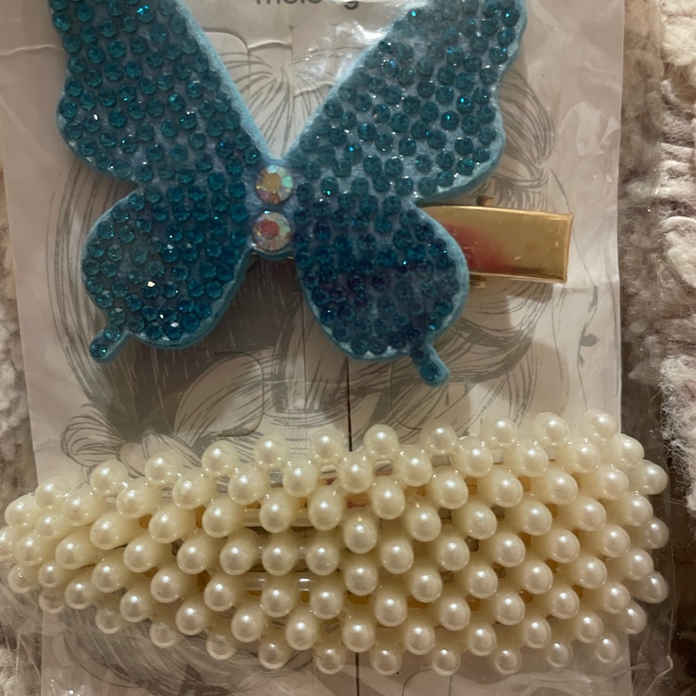 Blue Butterfly and Pearl Hair Clip Set